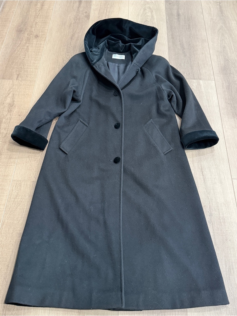 Forecaster of Boston Vintage 90’s Maxi Trench Coat 6 USA Wool Velvet Hood Black - Picture 13 of 15